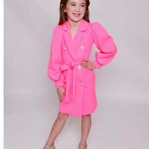 Girls Neon Pink Double-Breasted Blazer Dress with Tie